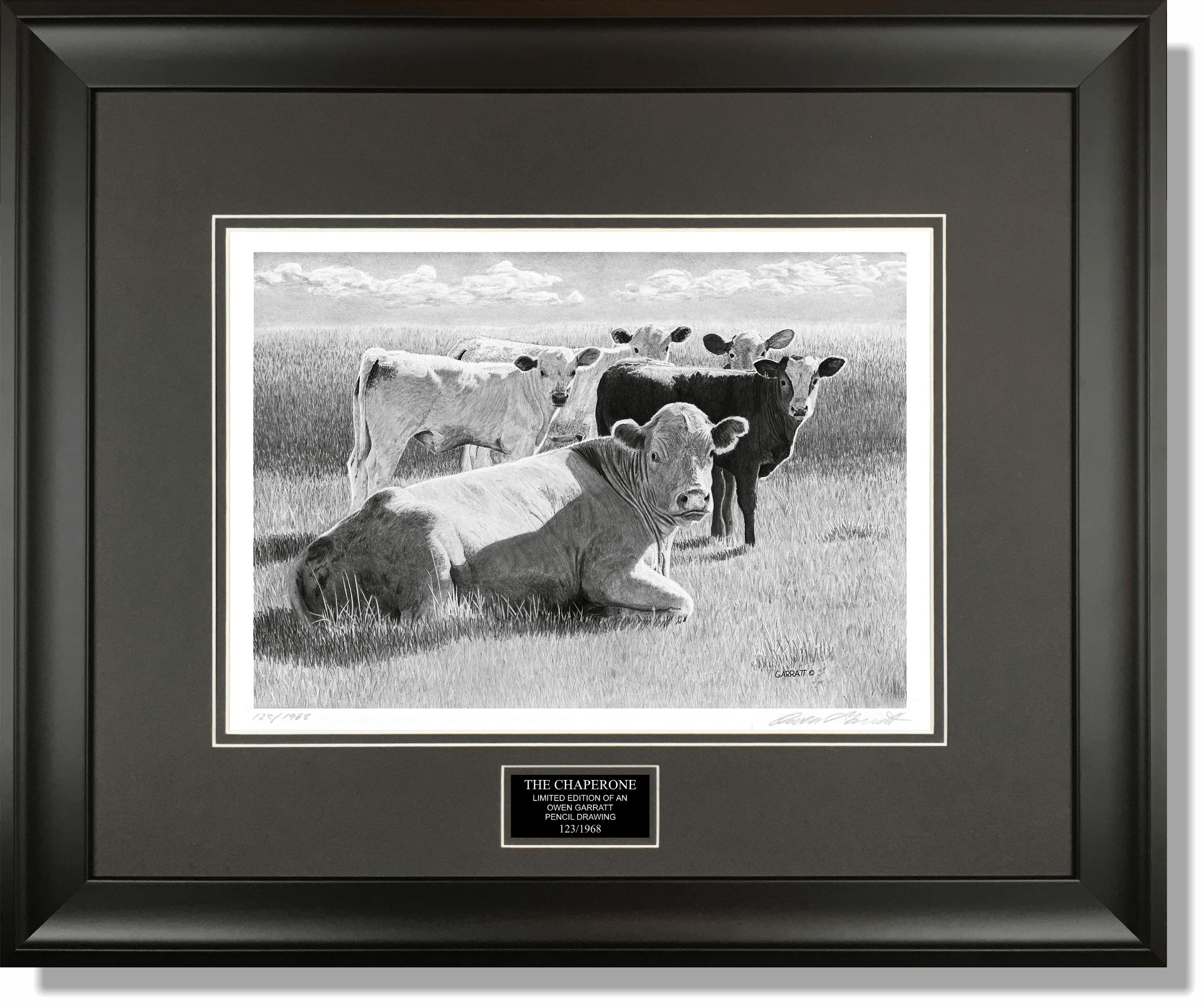 THE CHAPERONE - cow art Farm art pencil drawing by Owen Garratt framed