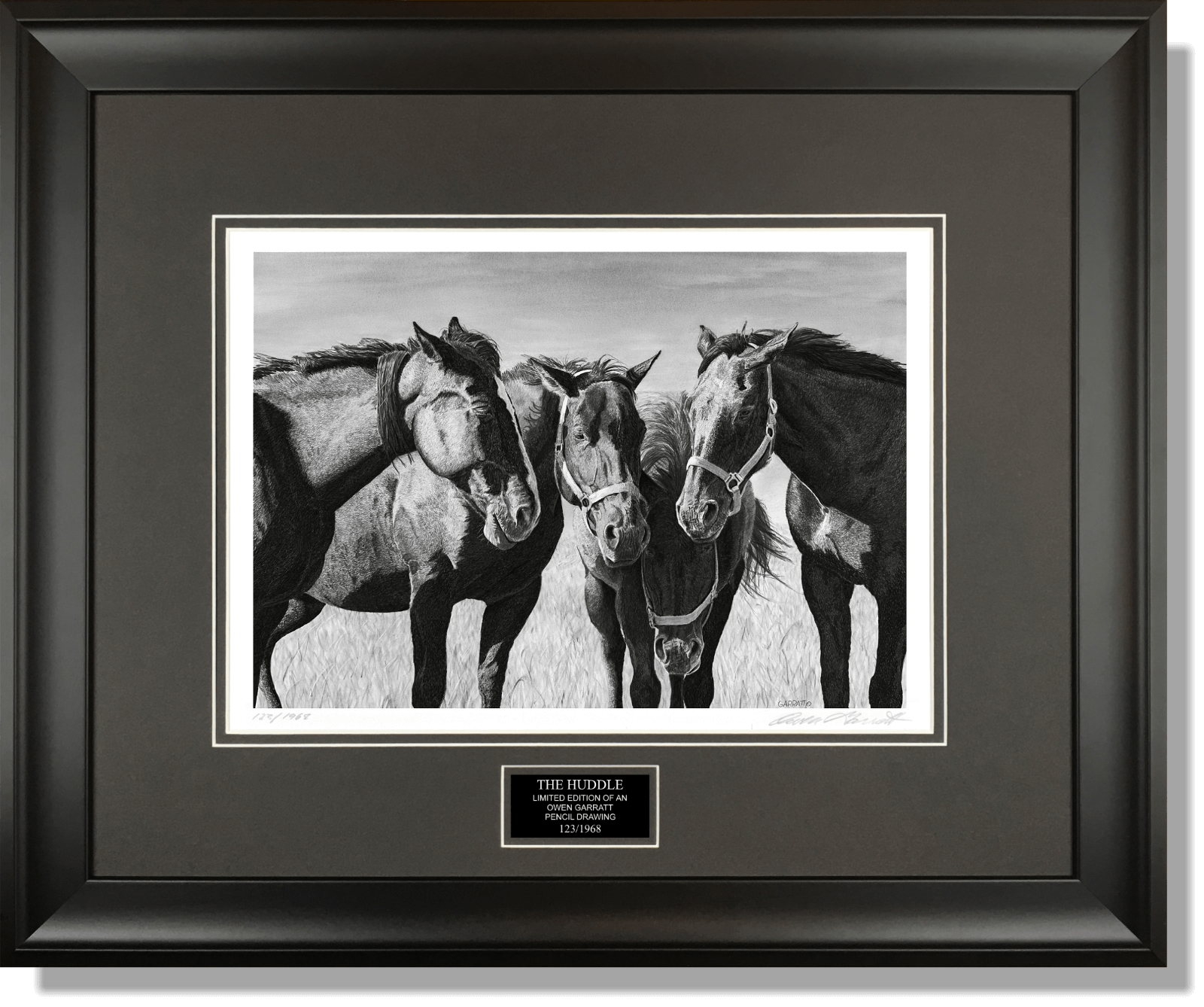 THE HUDDLE - horse drawing by Owen Garratt framed