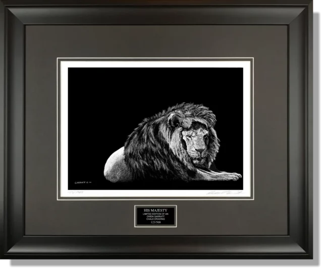 HIS MAJESTY - Wildlife art chalk art lion drawing by Owen Garratt framed
