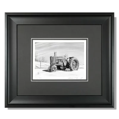 OLD FOREMAN - farm art John Deere tractor drawing by Owen Garratt framed mini print