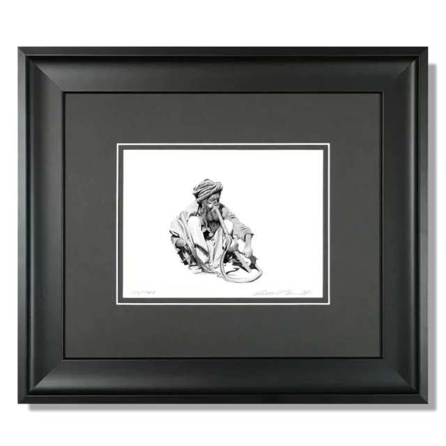 The MESMERIST - drawing of a snake charmer by Owen Garratt framed mini print